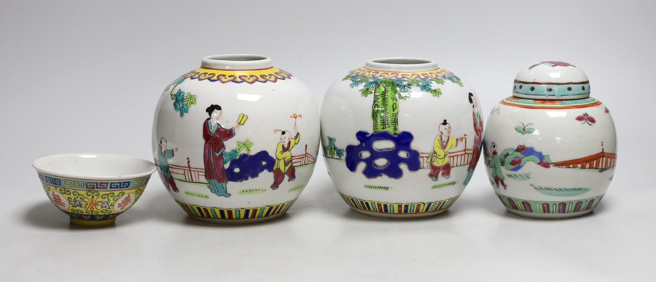 Three Chinese famille rose jars and a similar bowl, tallest 13cms high